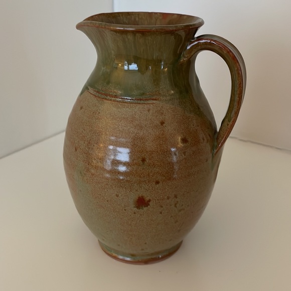 Sturbridge Village, handmade pitcher in browns and green with shiny glaze. Nice! - Picture 2 of 14